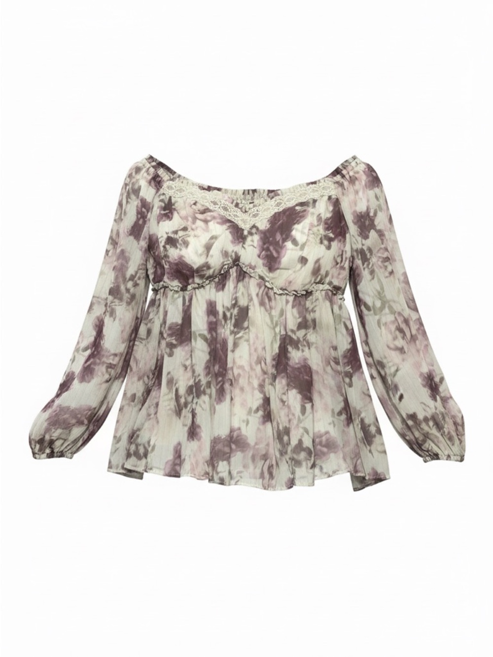 Torrid Size 2 Floral Waist Smocked Lace-Trim Peasant Blouse in Lavender